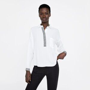 EUC Zara white / off-white sheer button up blouse w/ animal print accent piping